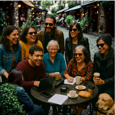 A diverse group of Arizona Theatre Matters artists gathered around an outdoor café table, laughing together while reviewing notes and recordings. Some members wear sunglasses or use assistive devices, and a guide dog rests beside the group. The atmosphere is warm, collaborative, and joyful.