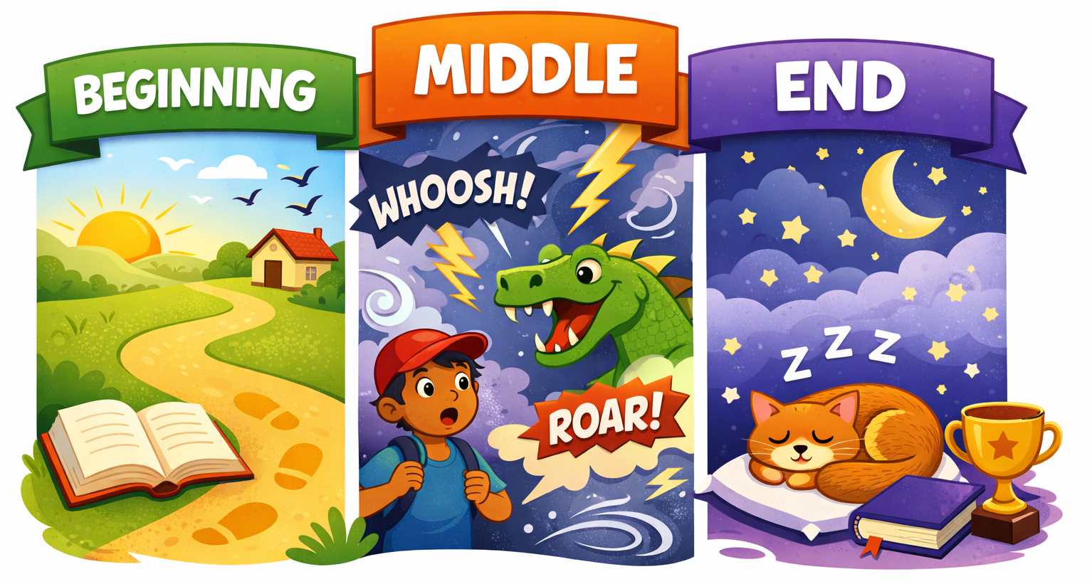Illustration showing the three parts of a story: Beginning, Middle, and End. The beginning shows a sunrise, a path, and an open book. The middle shows a child facing a roaring dinosaur with action words like ‘Whoosh!’ and ‘Roar!’ The end shows a sleeping cat under a night sky with stars and a moon, next to a trophy and a closed book.