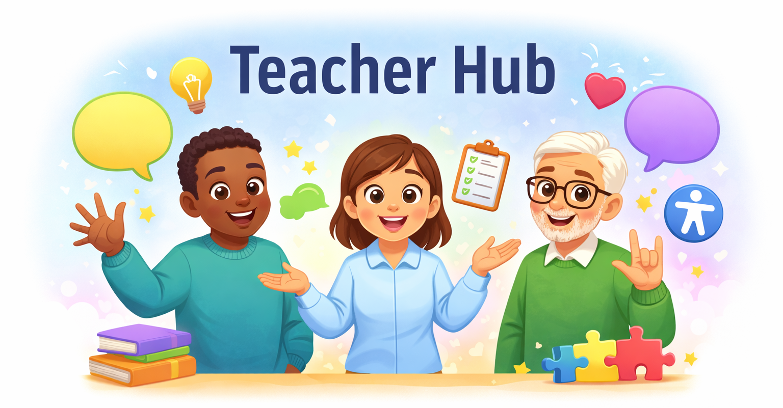 Illustration titled 'Teacher Hub' showing three welcoming teachers smiling and gesturing. Icons around them represent ideas, checklists, communication, inclusion, and care.