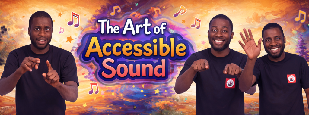 Banner for The Art of Accessible Sound, showing a man in three expressive poses, with colorful musical notes and abstract backgrounds.